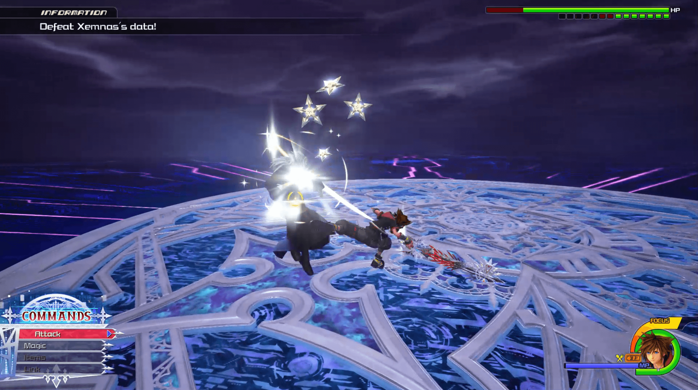 Sora dealing 2+ health bars worth of damage in one attack to Data Xemnas.