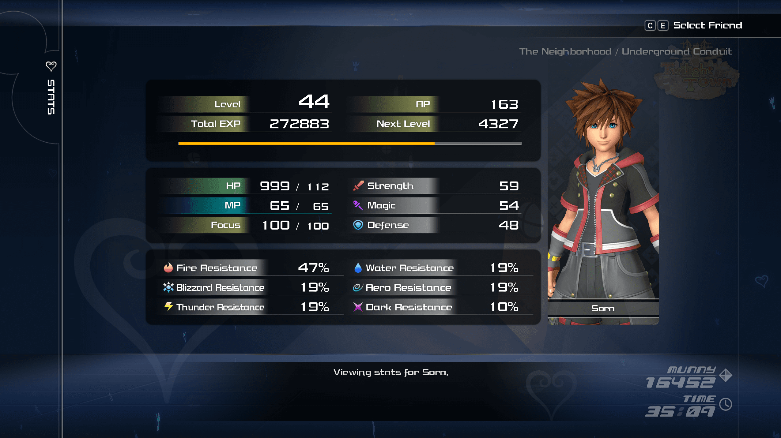 Kingdom Hearts 3 stats screen showing Sora's HP at 999, far above any legitimate in-game value