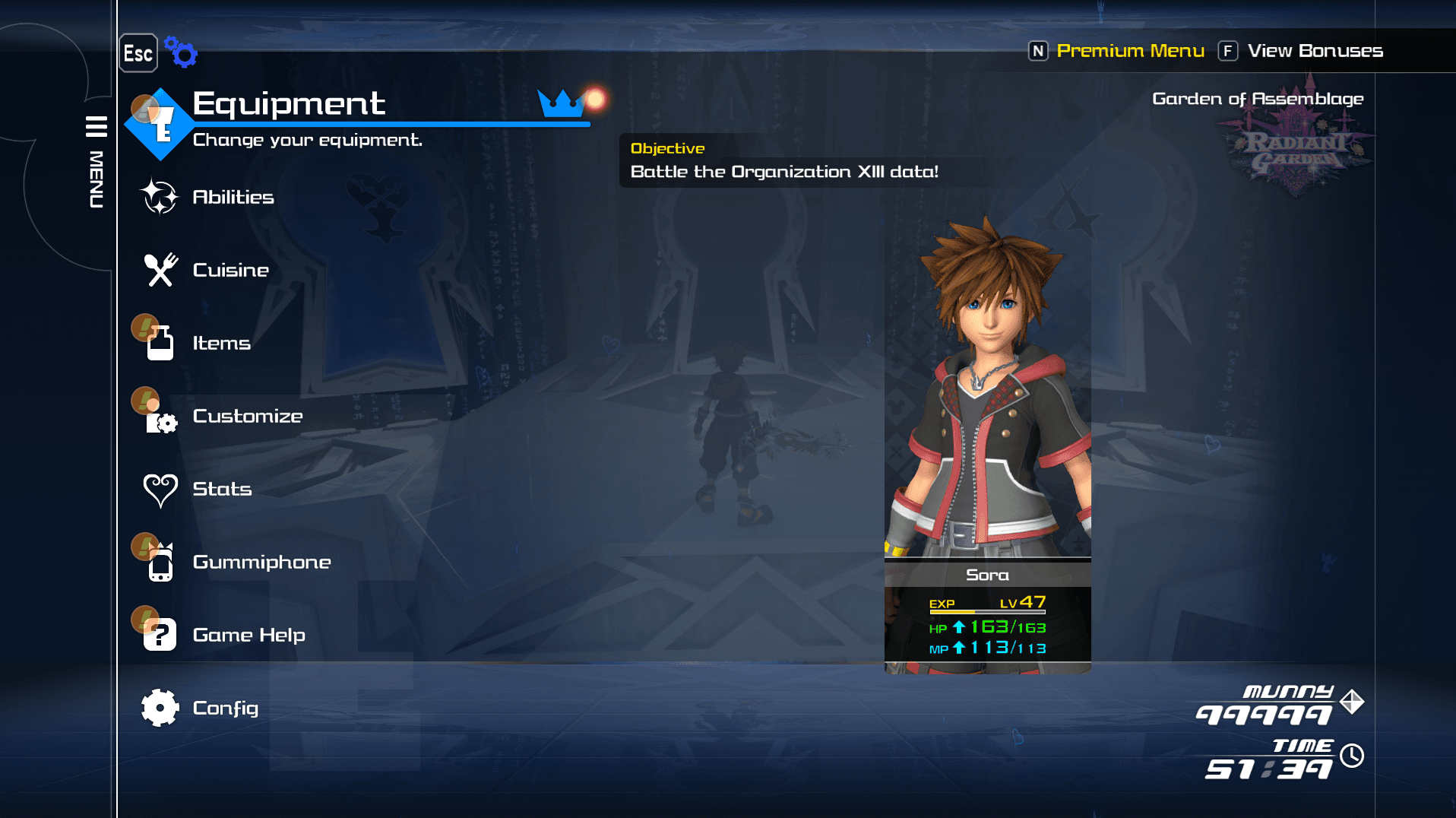 Kingdom Hearts 3 menu screen showing Sora's Munny at the max value 99,999.