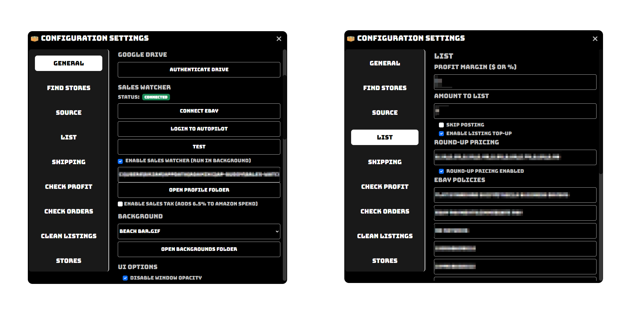 Configuration panels showing service connections, background tasks, and listing guardrails.