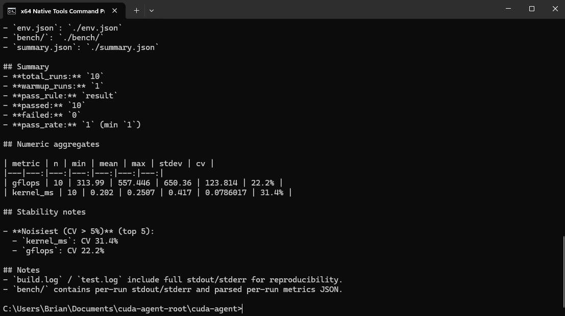 Terminal output from cuda-agent report <run_id> showing numeric aggregates and stability notes for a run.